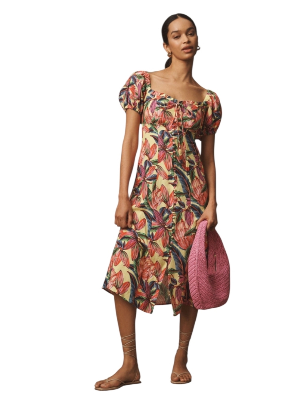 Farm Rio Puff-Sleeve Sweetheart Linen Dress - Picture 10 of 10